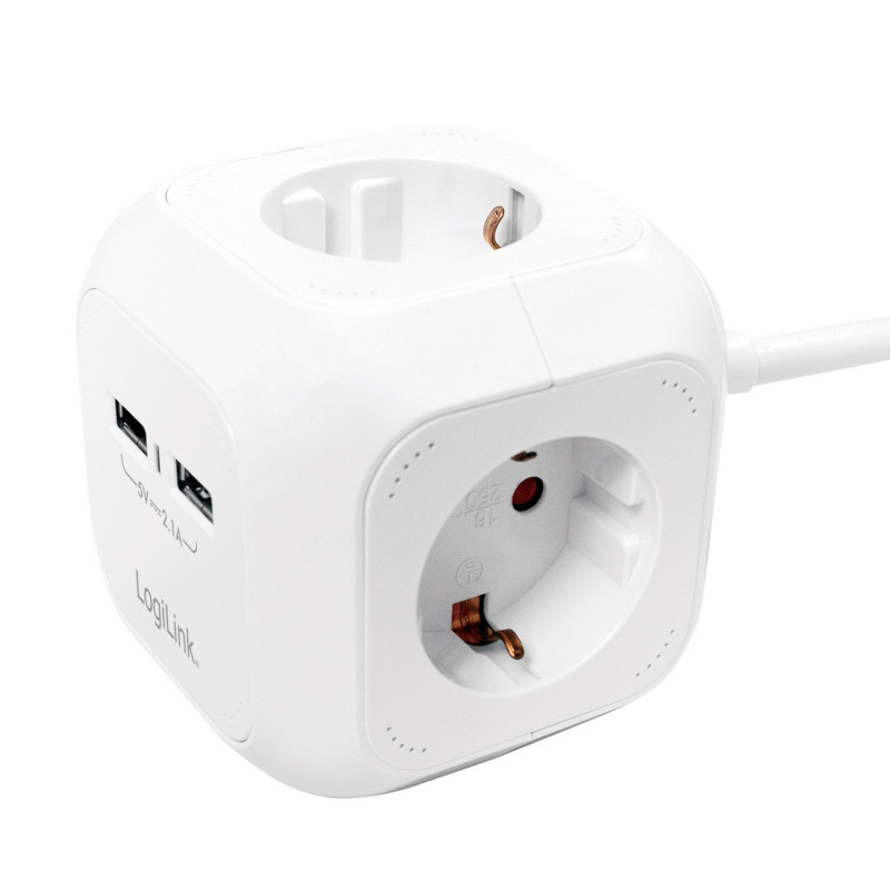 Samledåse - PowerCube strømskinne med 4 sokler + 2 USB 1.4m