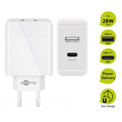 Opladere og kabler - Strømadapter med USB-C og USB-A, hurtig opladning 28W, PD (Power Delivery)