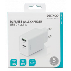 Vægladere til mobiltelefon - Väggadapter 2x USB för laddning av telefoner och surfplattor, 18W med PD