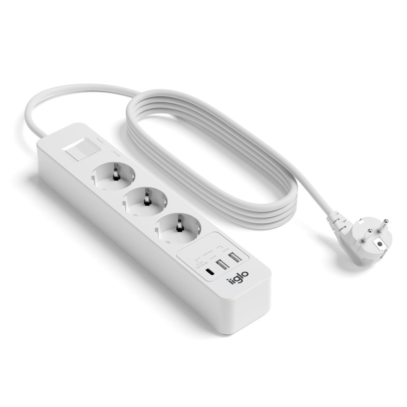 Samledåse - iiglo overspændingsbeskyttet stikkontakt med 5 udtag og 2 USB + 1 USB-C