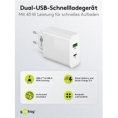 USB-C-opladere - Goobay strømadapter med dobbelt USB PD 45W hurtigopladning QC3.0 3A