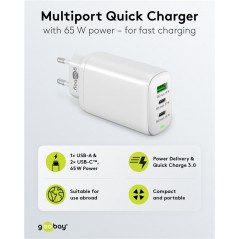 Strømadapter med USB-C PD 65W og hurtig opladning (2x USB-C, 1x USB)