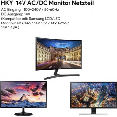 Oplader til bærbar computer - HKY AC-adapter til skærm 14V ex Samsung Syncmaster Rund med stift 6,5 x 4,4 mm