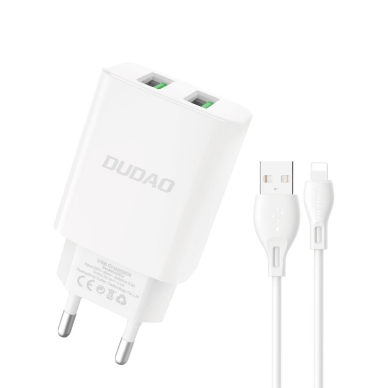 Vægladere til mobiltelefon - Dudao AC adapter vægoplader med 2 USB og 1m USB til Lightning-kabel 12W 2.4A