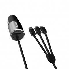 Biloplader med USB-port og 3-i-1 Lightning-, USB-C- og microUSB-kabel