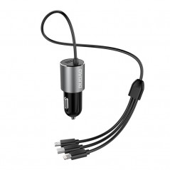 Biloplader med USB-port og 3-i-1 Lightning-, USB-C- og microUSB-kabel