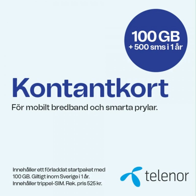 Taletidskort og startpakker - Telenor forudbetalt 5G/4G mobilt bredbåndskort i 1 år (100 GB) i Sverige