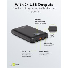 Portable batterier - Goobay powerbank 10.000 mAh med 1x USB-A og 1x USB-C med understøttelse af PD 22.5W