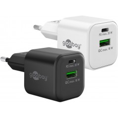 Hurtigopladende kompakt GaN-strømadapter med USB-A og USB-C PD 20W sort/hvid