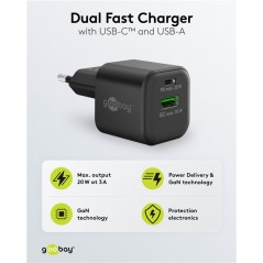 Hurtigopladende kompakt GaN-strømadapter med USB-A og USB-C PD 20W sort/hvid