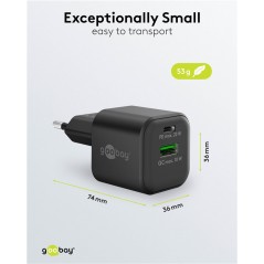 Opladere og kabler - Hurtigopladende kompakt GaN-strømadapter med USB-A og USB-C PD 20W sort/hvid