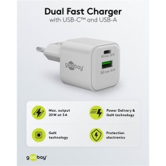 Hurtigopladende kompakt GaN-strømadapter med USB-A og USB-C PD 20W sort/hvid