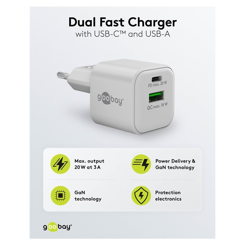 Opladere og kabler - Hurtigopladende kompakt GaN-strømadapter med USB-A og USB-C PD 20W sort/hvid
