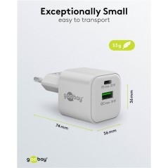Opladere og kabler - Hurtigopladende kompakt GaN-strømadapter med USB-A og USB-C PD 20W sort/hvid