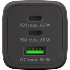 Opladere og kabler - Hurtigopladende kompakt GaN-strømadapter med USB-A og 2x USB-C PD 65W sort/hvid