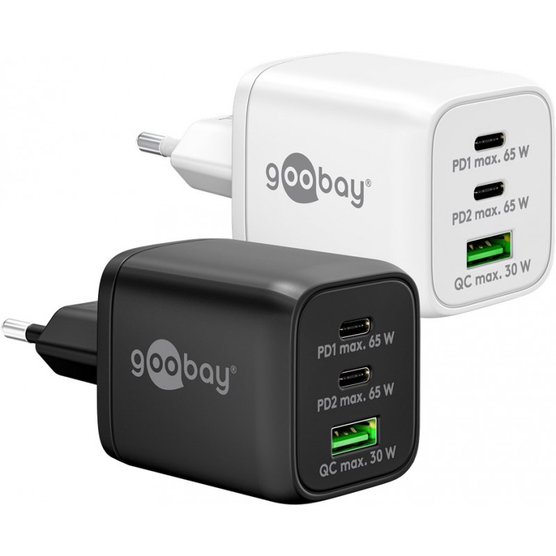 Hurtigopladende kompakt GaN-strømadapter med USB-A og 2x USB-C PD 6... Opladere og kabler - Hurtigopladende kompakt GaN-strømadapter med USB-A og 2x USB-C PD 65W sort/hvid