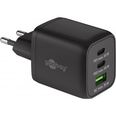 Hurtigopladende kompakt GaN-strømadapter med USB-A og 2x USB-C PD 65W sort/hvid