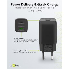Opladere og kabler - Hurtigopladende kompakt GaN-strømadapter med USB-A og 2x USB-C PD 65W sort/hvid