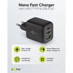 Opladere og kabler - Hurtigopladende kompakt GaN-strømadapter med USB-A og 2x USB-C PD 65W sort/hvid