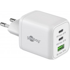 Hurtigopladende kompakt GaN-strømadapter med USB-A og 2x USB-C PD 65W sort/hvid