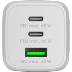 Opladere og kabler - Hurtigopladende kompakt GaN-strømadapter med USB-A og 2x USB-C PD 65W sort/hvid