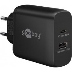 Hurtigopladende kompakt GaN-strømadapter med USB-A og USB-C PD 45W sort/hvid