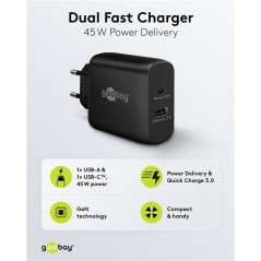 Opladere og kabler - Hurtigopladende kompakt GaN-strømadapter med USB-A og USB-C PD 45W sort/hvid