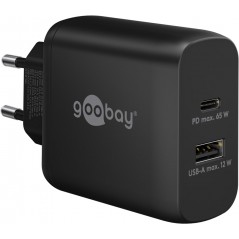 Hurtigopladende kompakt GaN-strømadapter med USB-A og USB-C PD 65W sort/hvid