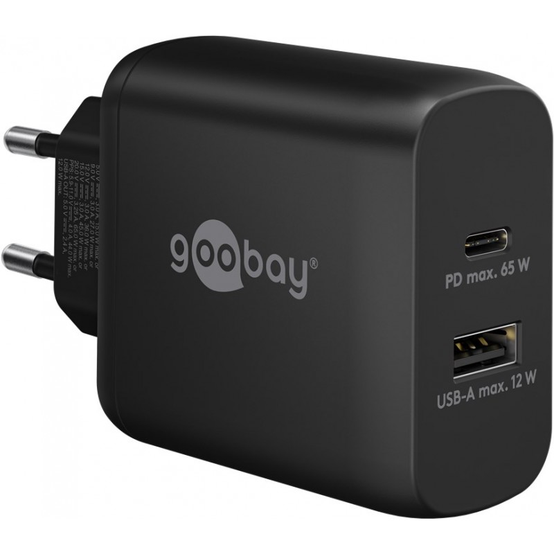 Opladere og kabler - Hurtigopladende kompakt GaN-strømadapter med USB-A og USB-C PD 65W sort/hvid