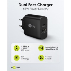 Opladere og kabler - Hurtigopladende kompakt GaN-strømadapter med USB-A og USB-C PD 65W sort/hvid