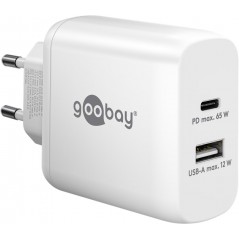 Hurtigopladende kompakt GaN-strømadapter med USB-A og USB-C PD 65W sort/hvid