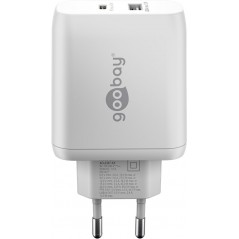 Opladere og kabler - Hurtigopladende kompakt GaN-strømadapter med USB-A og USB-C PD 65W sort/hvid