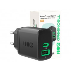 GreenCell hurtigopladende USB-C og USB-A strømadapter 30W