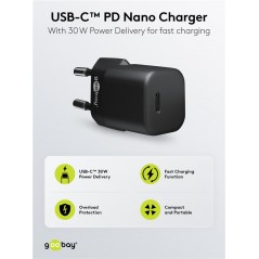 Hurtigopladende kompakt GaN-strømadapter med USB-C PD 30W sort