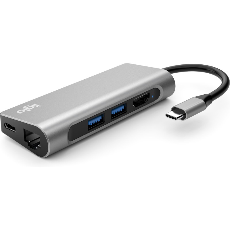 USB-C hubb - iiglo Multiport Dock USB-C hub 7-i-1 til USB-C/2xUSB/HDMI/LAN/microSD/SD 100W 4K 30Hz