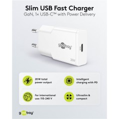 Opladere og kabler - Hurtigopladende kompakt GaN-strømadapter med USB-C PD 20W sort/hvid