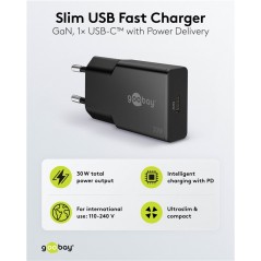 Opladere og kabler - Hurtigopladende kompakt GaN-strømadapter med USB-C PD 30W sort/hvid