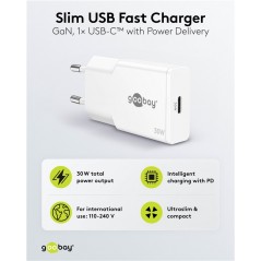 Opladere og kabler - Hurtigopladende kompakt GaN-strømadapter med USB-C PD 30W sort/hvid