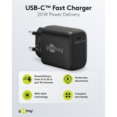Opladere og kabler - Hurtigopladende kompakt GaN-strømadapter med USB-C PD 20W sort/hvid