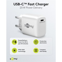 Opladere og kabler - Hurtigopladende kompakt GaN-strømadapter med USB-C PD 20W sort/hvid