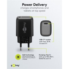 Opladere og kabler - Hurtigopladende kompakt GaN-strømadapter med USB-C PD 20W sort/hvid
