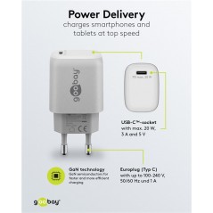 Opladere og kabler - Hurtigopladende kompakt GaN-strømadapter med USB-C PD 20W sort/hvid