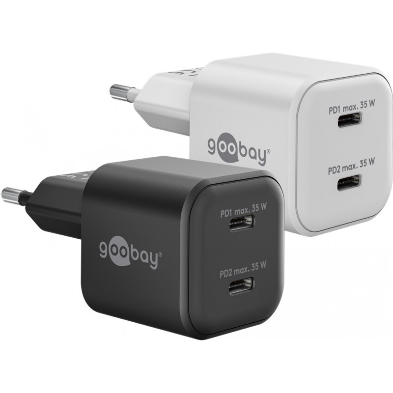Hurtigopladende kompakt GaN-strømadapter med 2x USB-C PD 35W sort/h... Opladere og kabler - Hurtigopladende kompakt GaN-strømadapter med 2x USB-C PD 35W sort/hvid