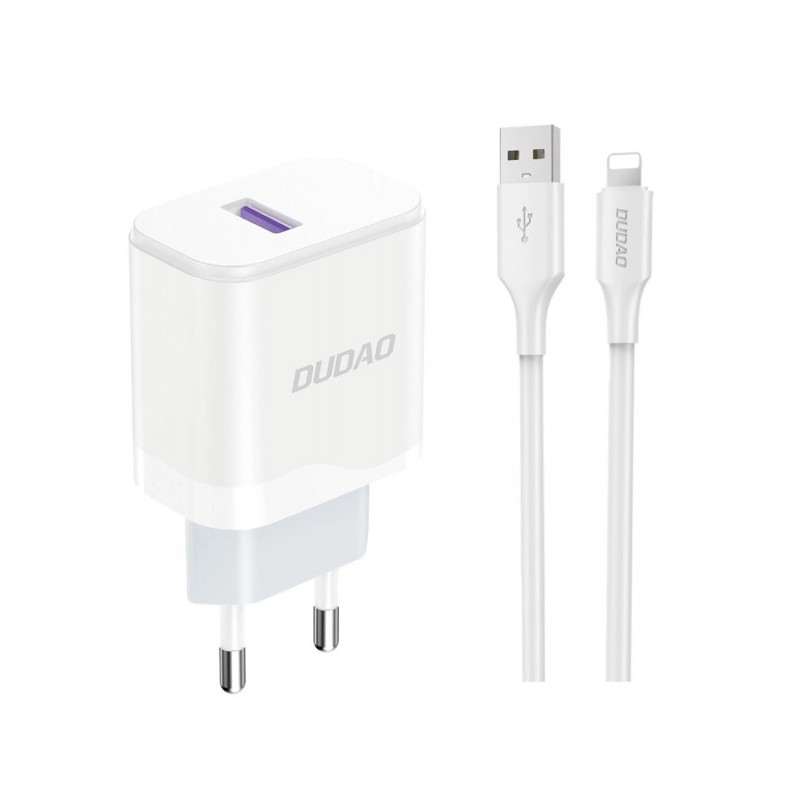Vægladere til mobiltelefon - Dudao AC-adapter vægoplader USB 18W og 1 meter Lightning-kabel