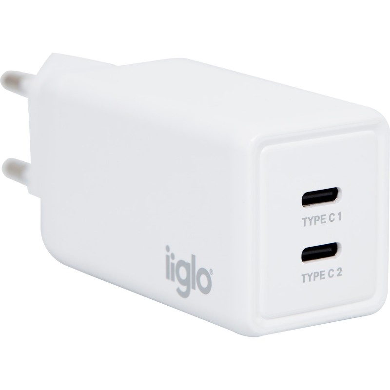 Vægopladere til tablets - iiglo universal USB-C-oplader med 2xUSB-C på i alt 65W (45+20W)