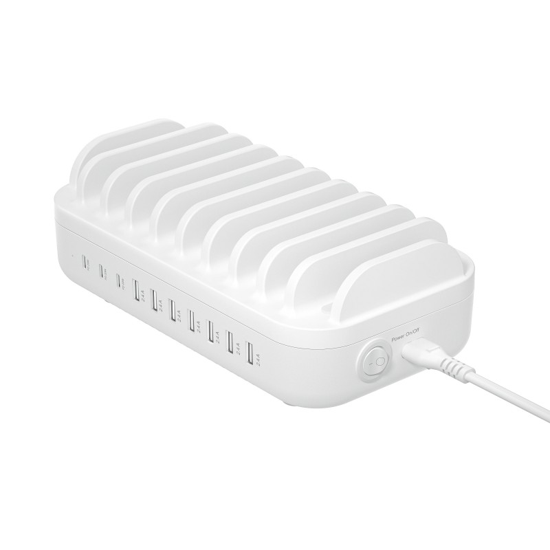 Vægladere til mobiltelefon - Hurtigopladende USB-opladningsstation til 10 enheder (7x USB-A, 3x USB-C)