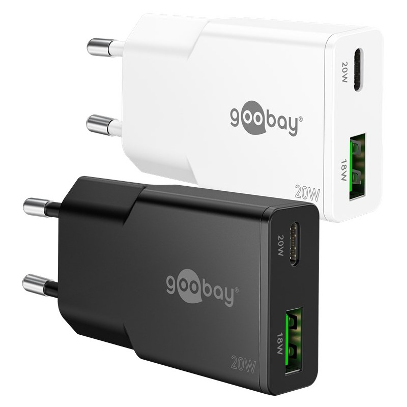 Hurtladende slim strømadapter med USB-A og USB-C PD 20 W sort/hvid ... Opladere og kabler - Hurtladende slim strømadapter med USB-A og USB-C PD 20 W sort/hvid GaN