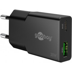 Hurtladende kompakt GaN-strømadapter med USB-A og USB-C PD 20 W sort/hvid