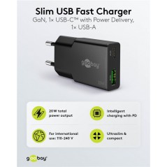 Opladere og kabler - Hurtladende kompakt GaN-strømadapter med USB-A og USB-C PD 20 W sort/hvid