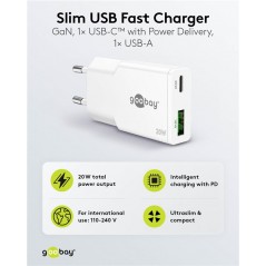 Opladere og kabler - Hurtladende kompakt GaN-strømadapter med USB-A og USB-C PD 20 W sort/hvid